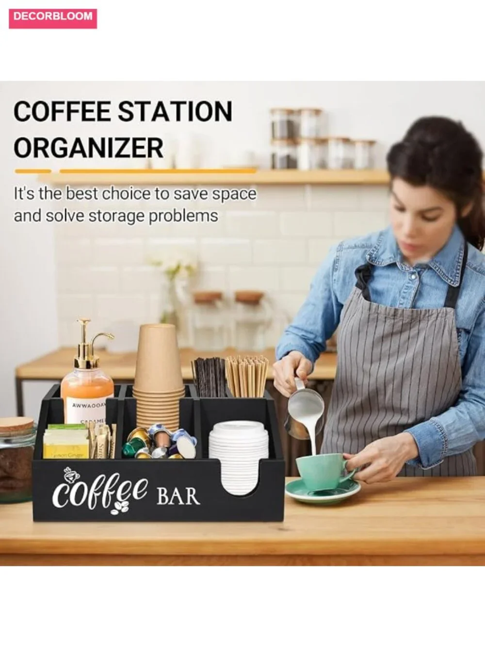 Rustic Wood Coffee Station Organizer, 6 Compartment Counter Storage Basket